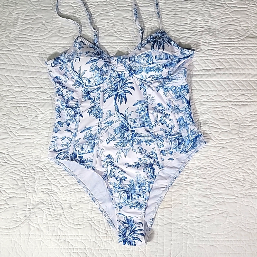 NWT Jolkichay Blue And White Palm Tree One Piece Swimsuit Plus Size XXL
